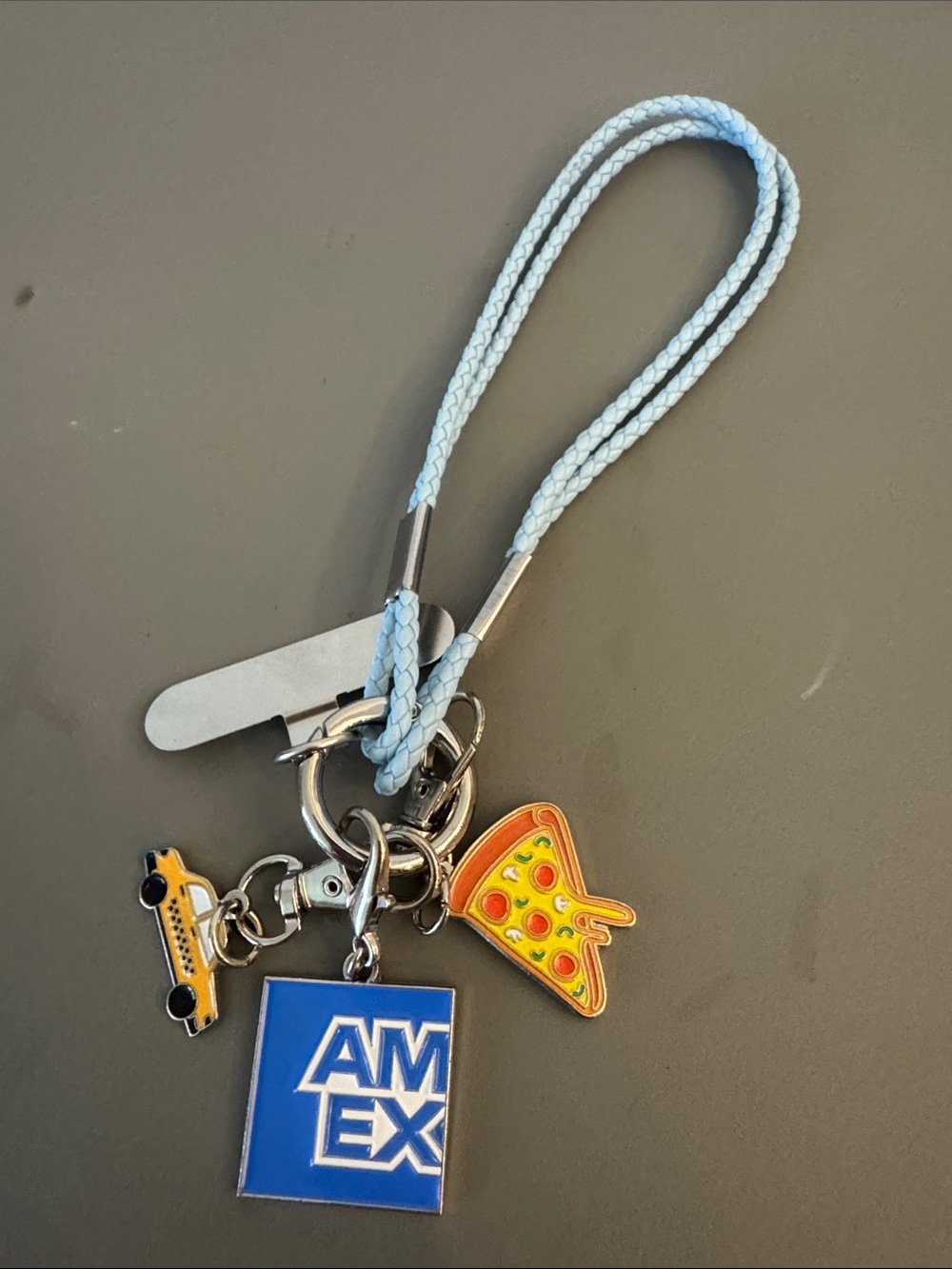 Blue Charm Wristlet Keychain with Pizza & Taxi Charms
